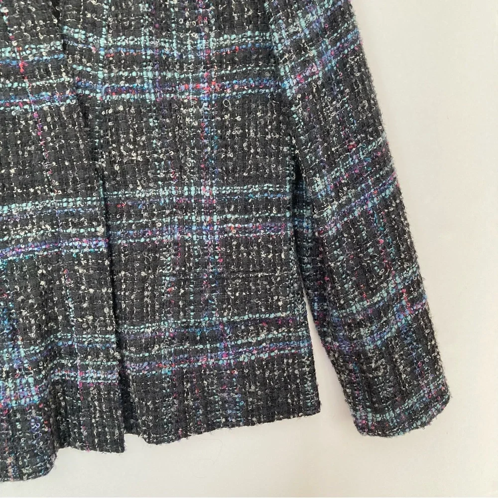 Jones New York Plaid Wool Blend Collarless Jacket Blazer Blue Black 8P
